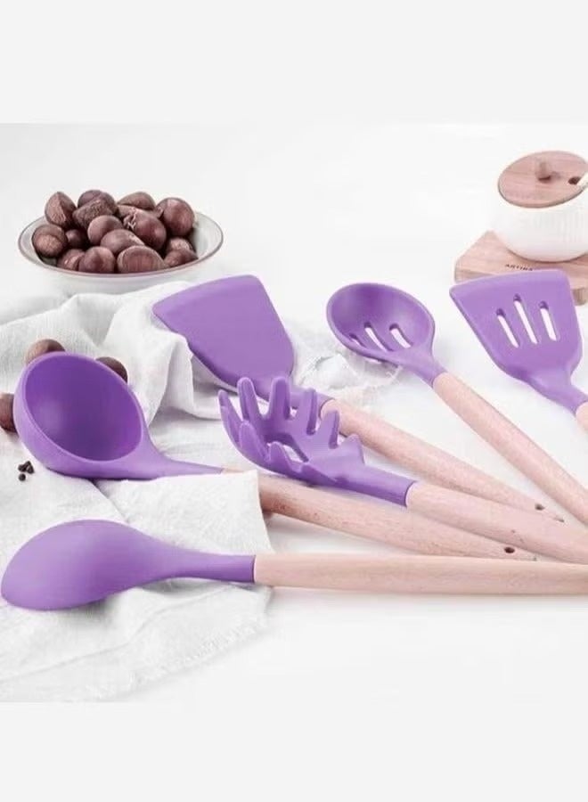 BT 12-Piece Silicone Kitchen Utensil Set with Wooden Handles & Holder, Heat-Resistant BPA-Free Cooking Tools for Non-Stick Cookware – Spatula, Spoon, Turner & Kitchen Accessories (Purple) - Image 4